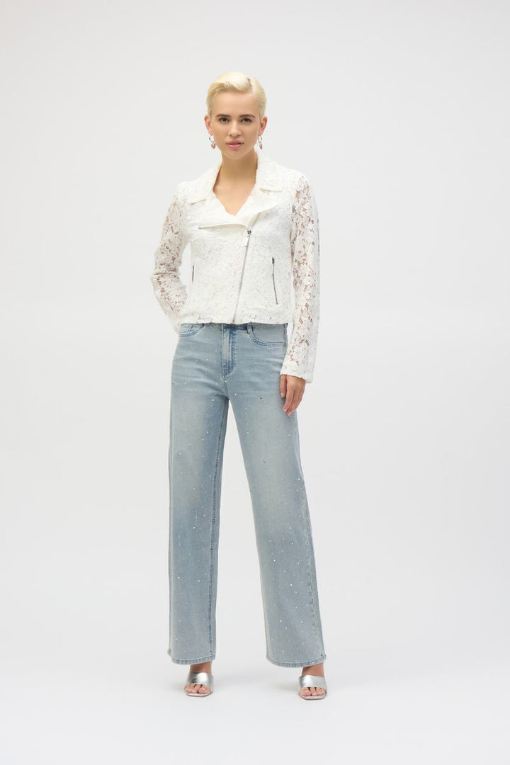 Lace Fitted Moto Jacket in white 252920 by Joseph Ribkoff in XS