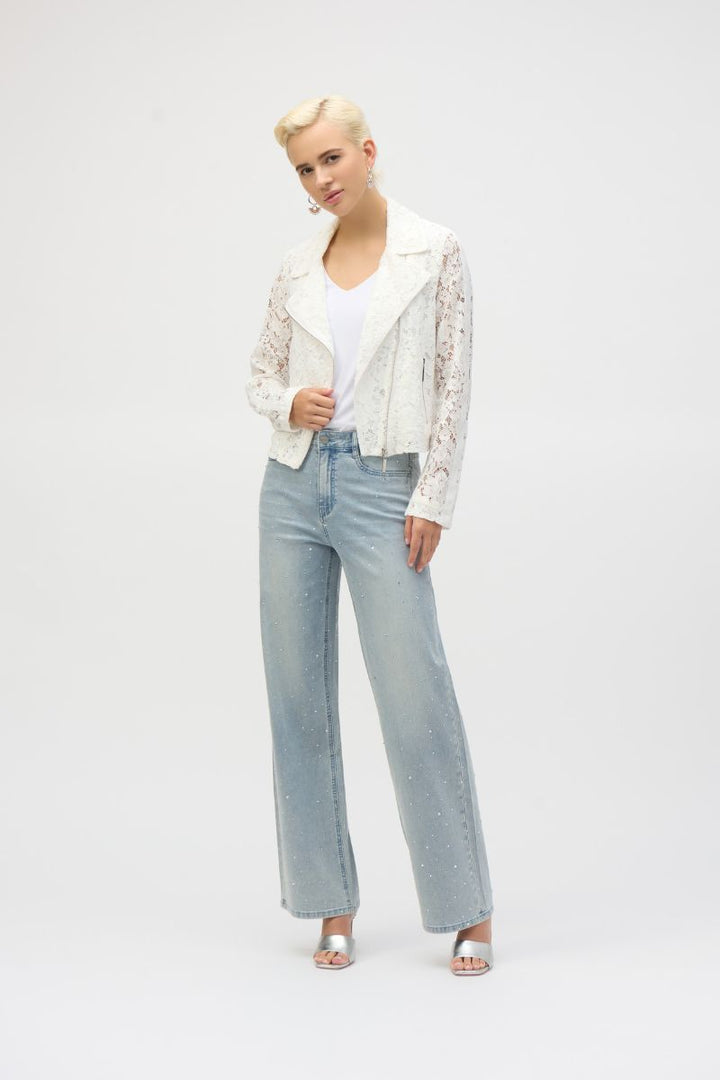Lace Fitted Moto Jacket in white 252920 by Joseph Ribkoff in XS