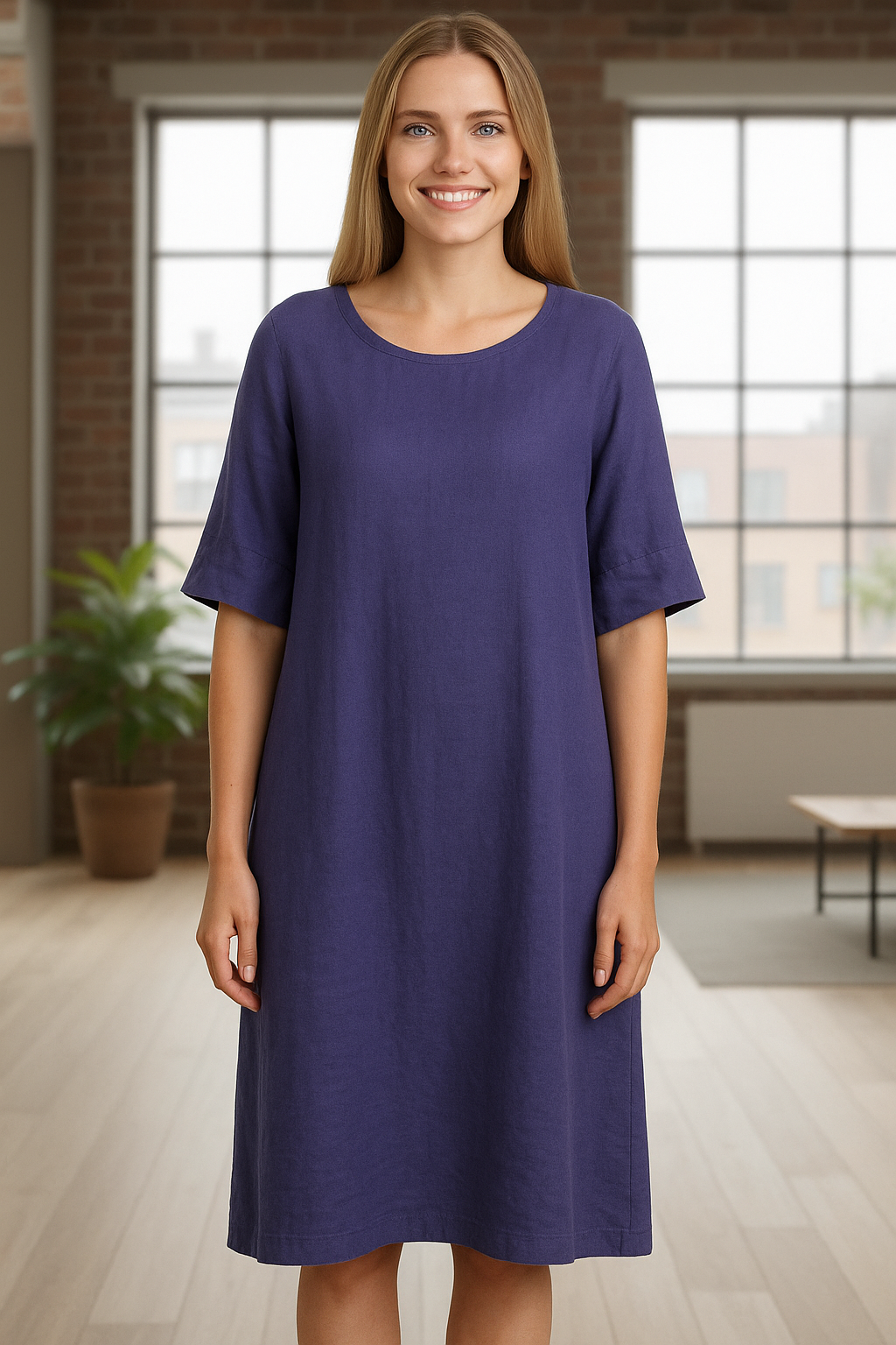 Linen Fluted Sleeve Dress in Denim by See Saw