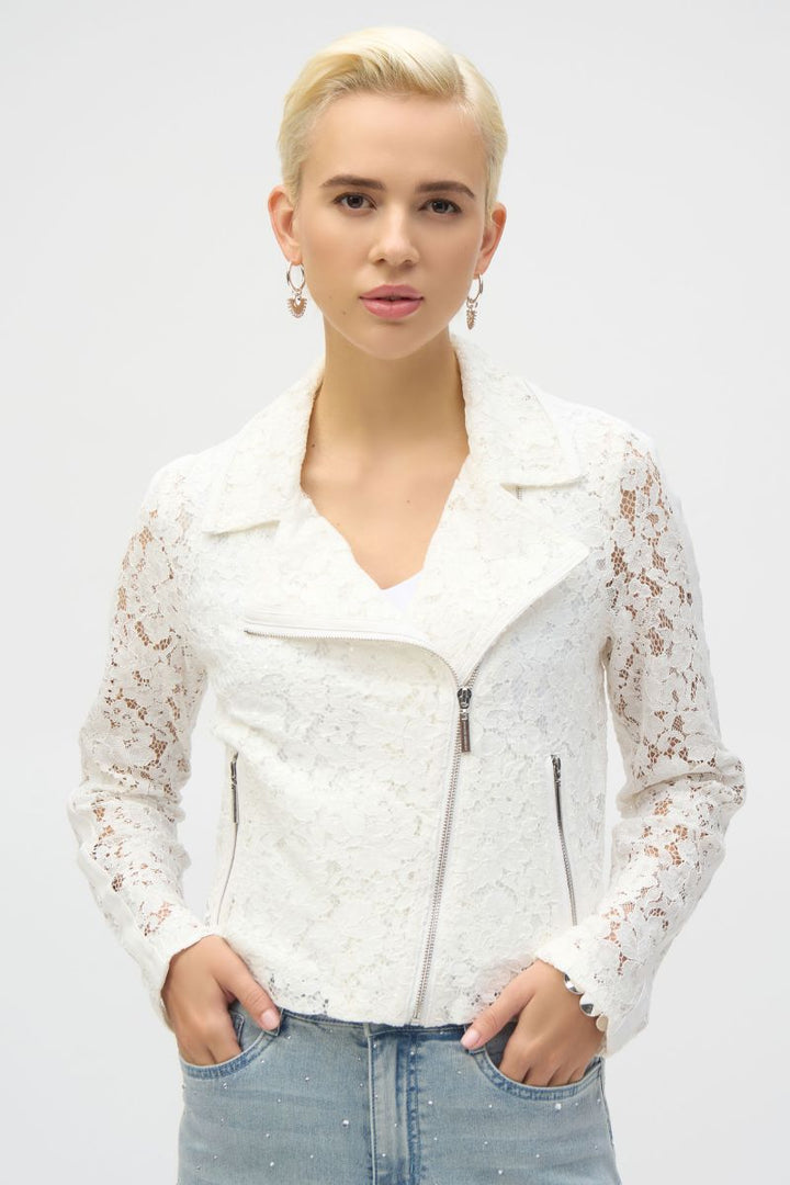 Lace Fitted Moto Jacket in white 252920 by Joseph Ribkoff in XS