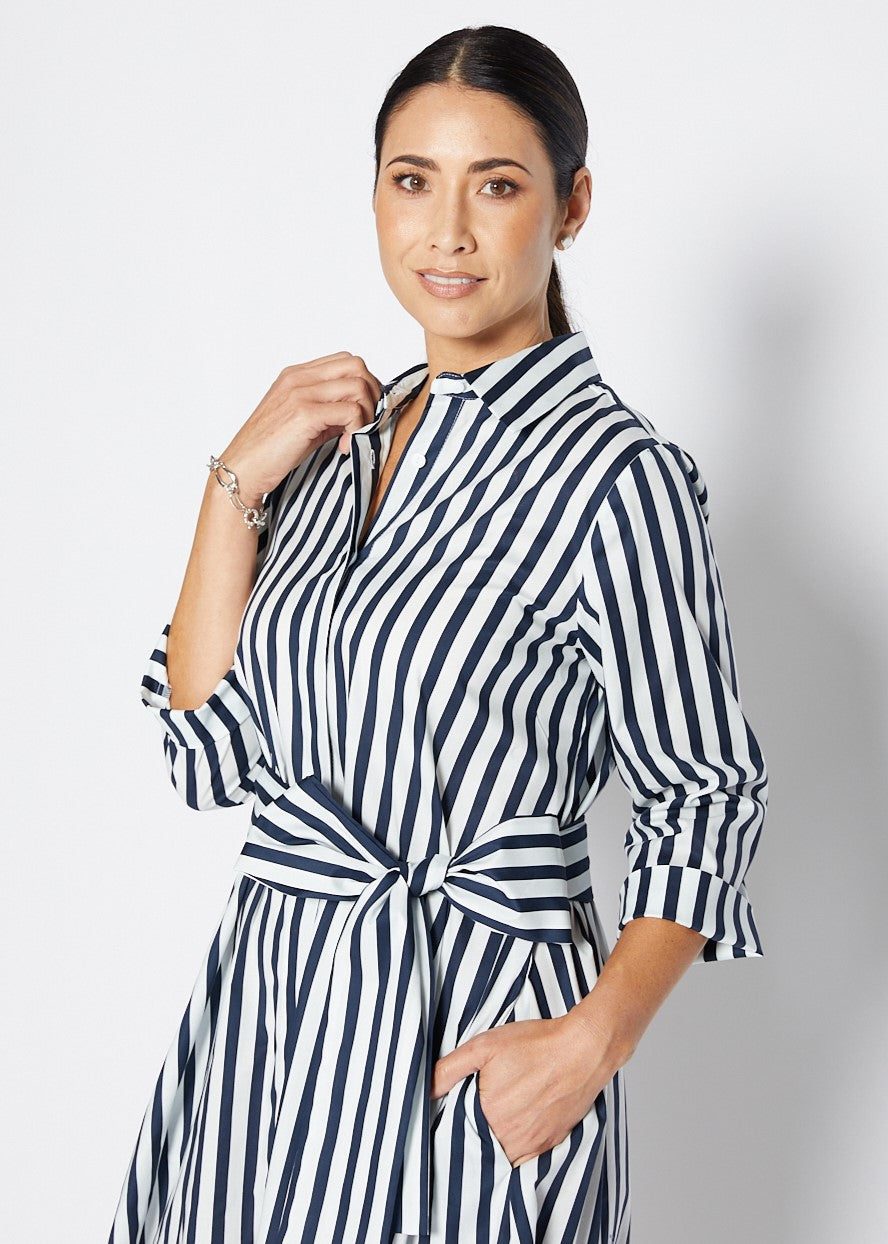 Keira wide striped dress in indigo and white with matching belt
