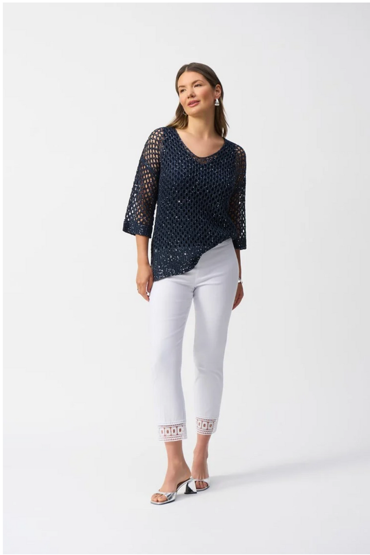 Millenium Cropped Pull On Pant in Black, White, Moonstone & Navy by Joseph Ribkoff 251053 in Navy / 12