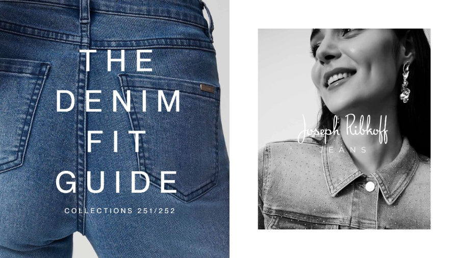 The Joseph Ribkoff Denim fit guide with a woman wearing a denim jacket with diamanté embellishment