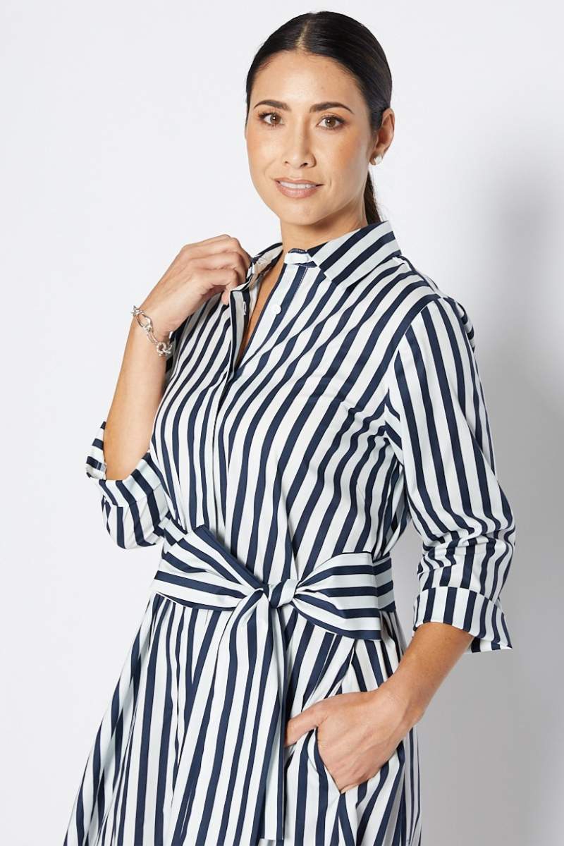 Woman Wearing Wide stripe Keira Dress By Philosophy clothing