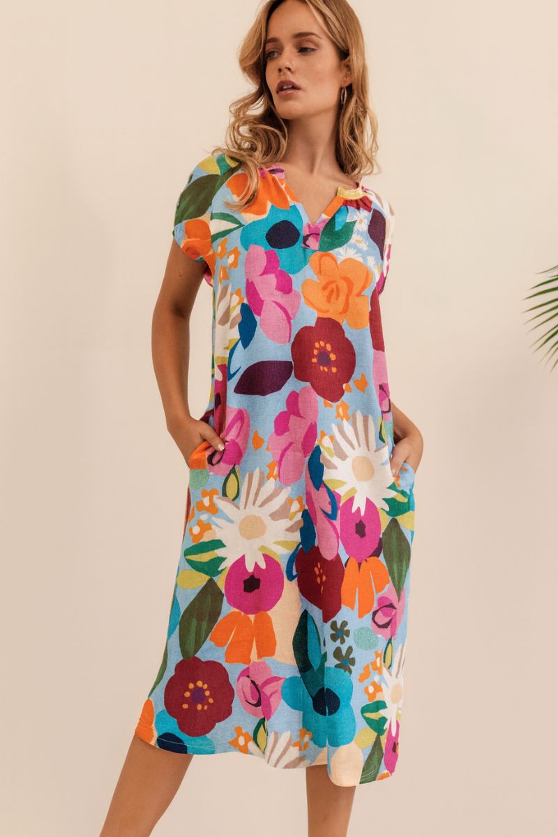 Bloom Burst short sleeve Linen Shirt  Dress by Kaleido for See Saw