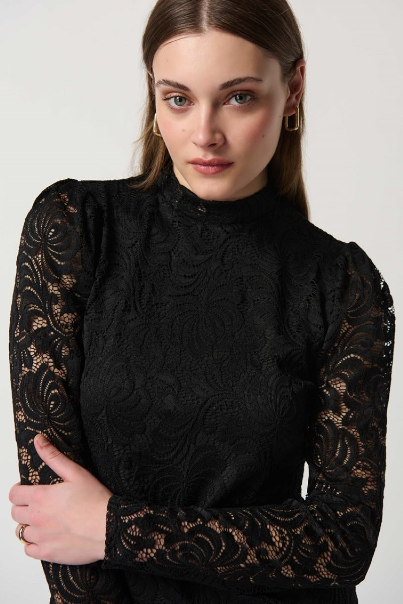 Lace Fitted Top With Long Puff Sleeves in Black 234253 by Joseph Ribkoff