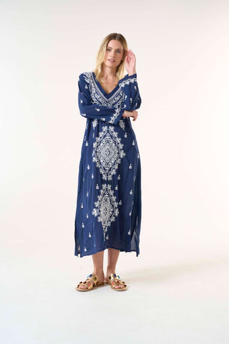 Long Goa Dress Embroidery in Navy/White S24-07EN/W-744 by One Season