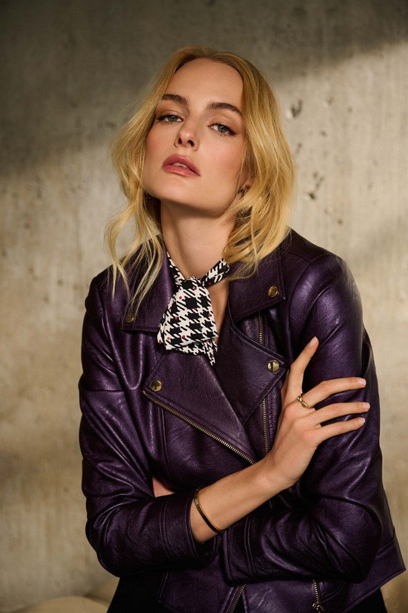 Metallic Faux Leather Biker Jacket in Blackcurrant 234902F24 by Joseph Ribkoff