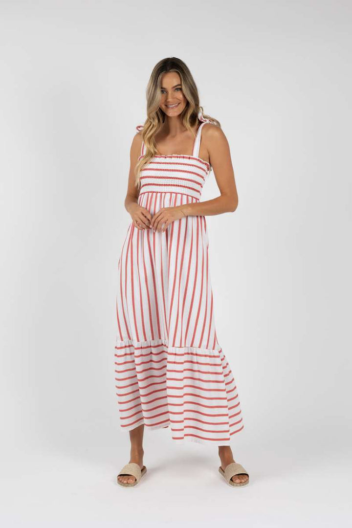 Santos Shirred Dress in Pink Strip HS24408 by Humidity Lifestyle in 16