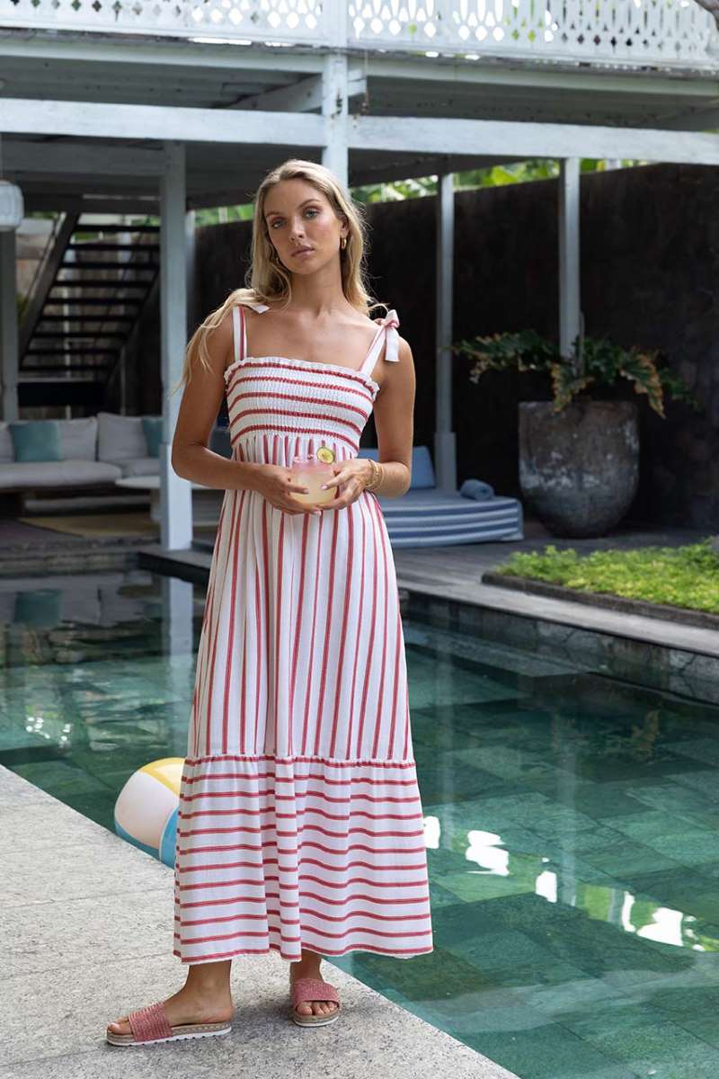 Santos Shirred Dress in Pink Strip HS24408 by Humidity Lifestyle