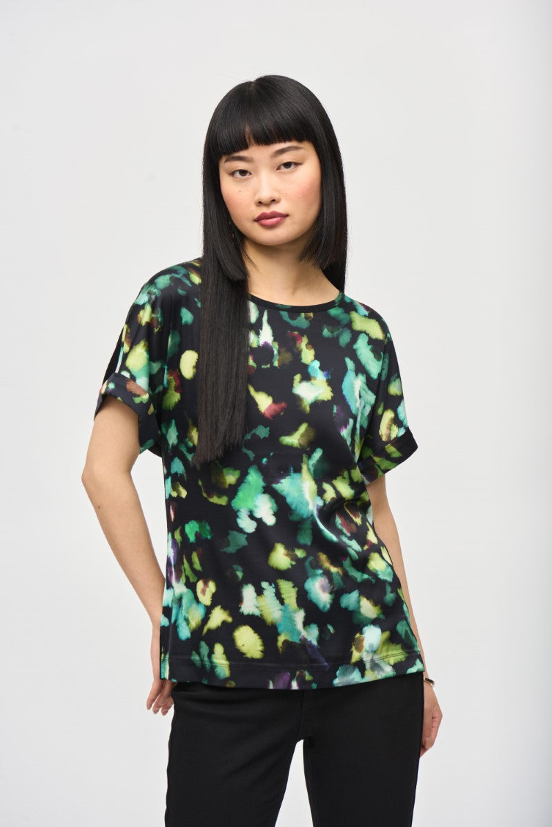 Satin Front Abstract Print Short Sleeeve Top in Black/Multi 243938 by Joseph Ribkoff