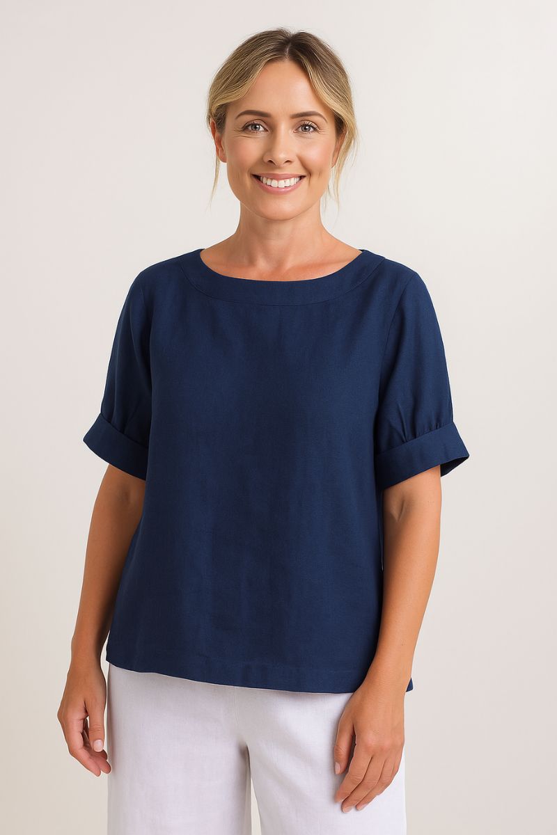 Linen Cuff Sleeve A-Line Top in Navy by See Saw