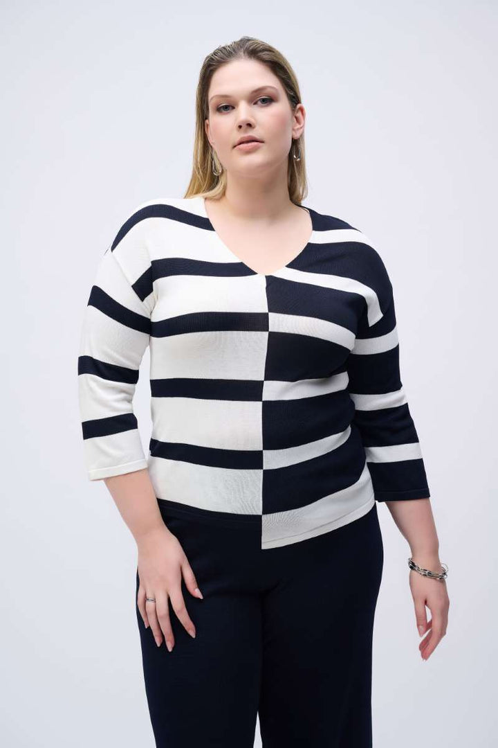 Striped Sweater Knit V-Neck Pullover in Midnight Blue/Vanilla 251914 by Joseph Ribkoff in XS / Vanilla Midnight Blue