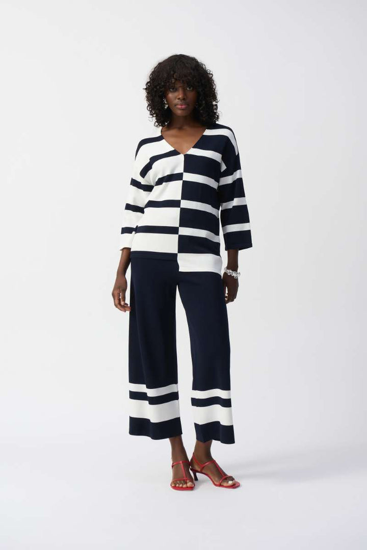 Striped Sweater Knit V-Neck Pullover in Midnight Blue/Vanilla 251914 by Joseph Ribkoff in XS / Vanilla Midnight Blue