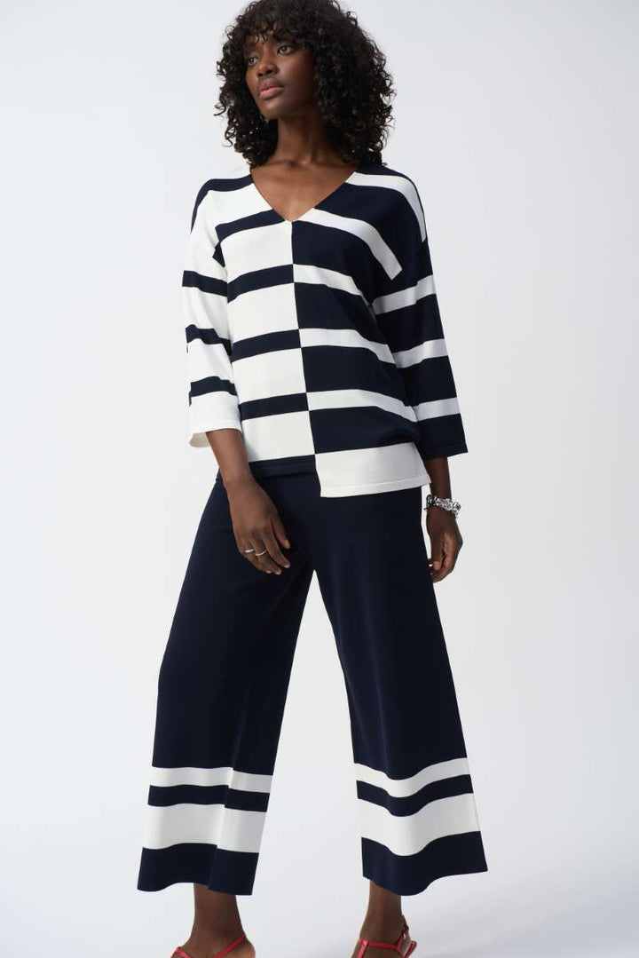 Striped Sweater Knit V-Neck Pullover in Midnight Blue/Vanilla 251914 by Joseph Ribkoff in XS / Vanilla Midnight Blue