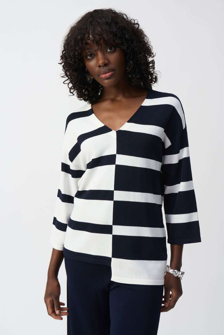 Striped Sweater Knit V-Neck Pullover in Midnight Blue/Vanilla 251914 by Joseph Ribkoff in XS / Vanilla Midnight Blue