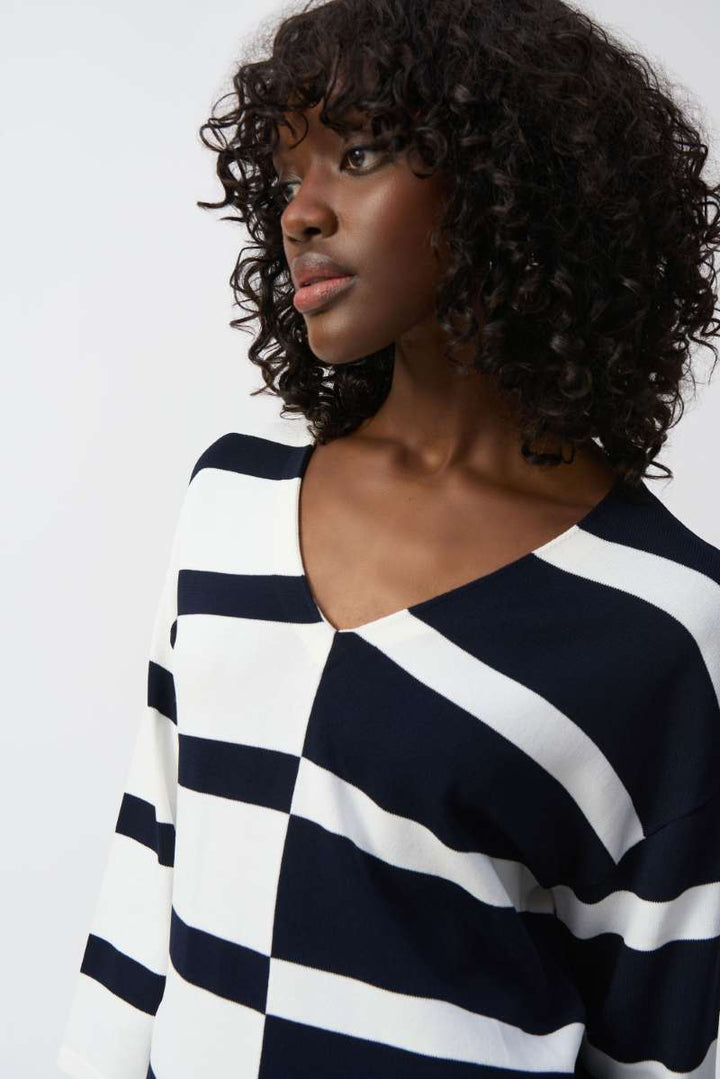 Striped Sweater Knit V-Neck Pullover in Midnight Blue/Vanilla 251914 by Joseph Ribkoff in XS / Vanilla Midnight Blue