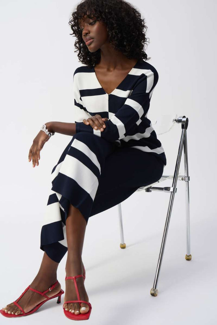 Striped Sweater Knit V-Neck Pullover in Midnight Blue/Vanilla 251914 by Joseph Ribkoff in XS / Vanilla Midnight Blue