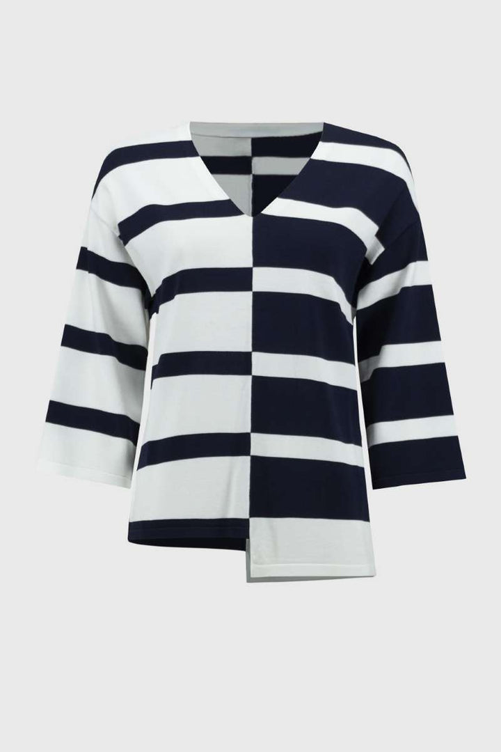 Striped Sweater Knit V-Neck Pullover in Midnight Blue/Vanilla 251914 by Joseph Ribkoff in XS / Vanilla Midnight Blue