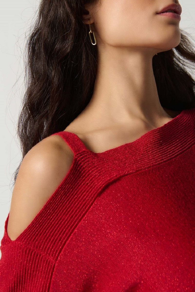 Joseph Ribkoff Sweater Knit One-Shoulder Top in Lipstick Red