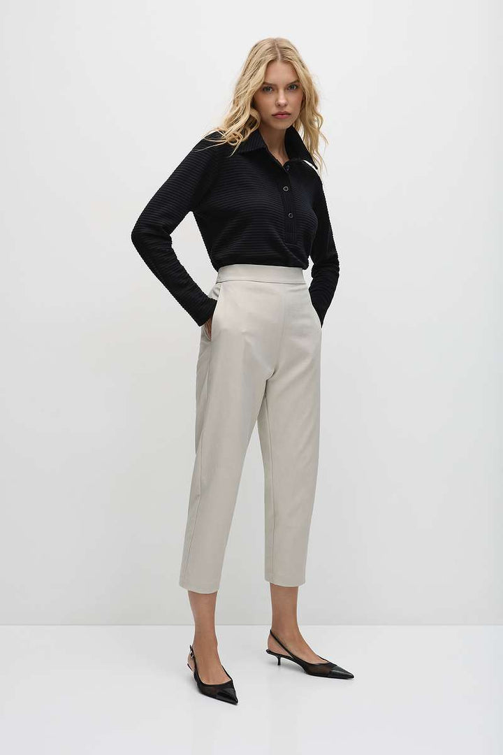 Mela Purdie Tapered Flat Pant in Stone, Black & Leather Twill F416 1831 by MELA PURDIE in 18 / Stone1