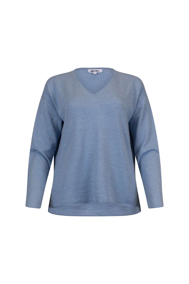 A purple V-neck sweater with decorative rib detail around armholes and side seams.