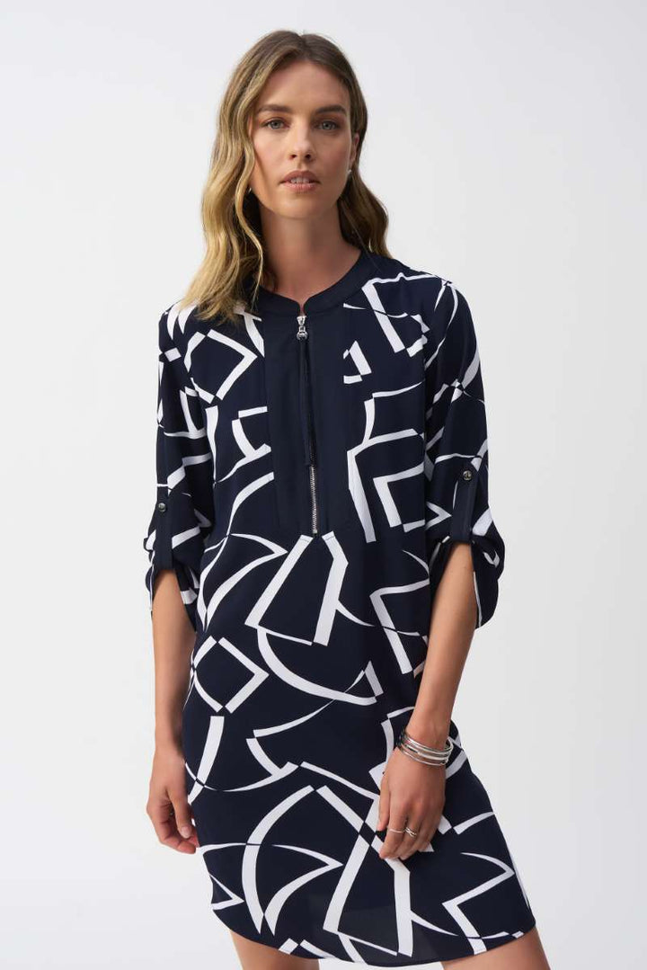 Woven Geometric Print Straight Dress in Midnight Blue/Vanilla 251143 by Joseph Ribkoff in 10 / Vanilla Midnight Blue