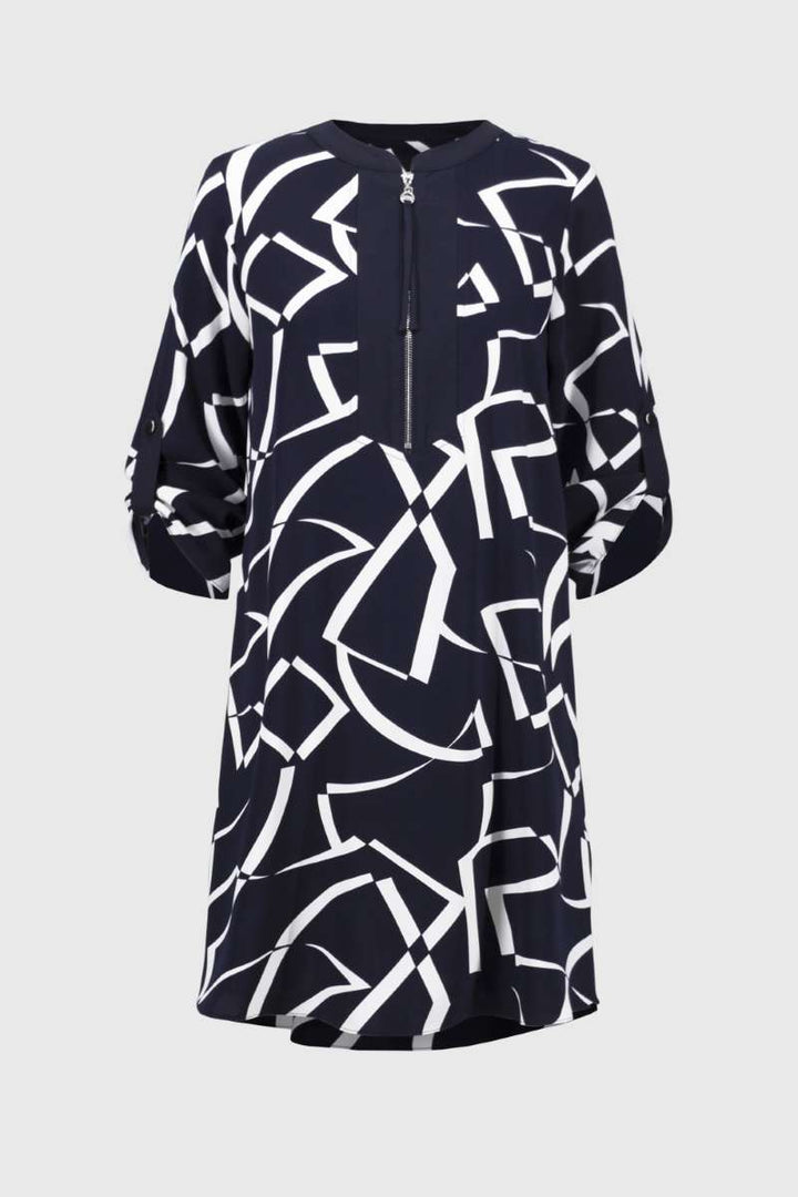 Woven Geometric Print Straight Dress in Midnight Blue/Vanilla 251143 by Joseph Ribkoff in 10 / Vanilla Midnight Blue