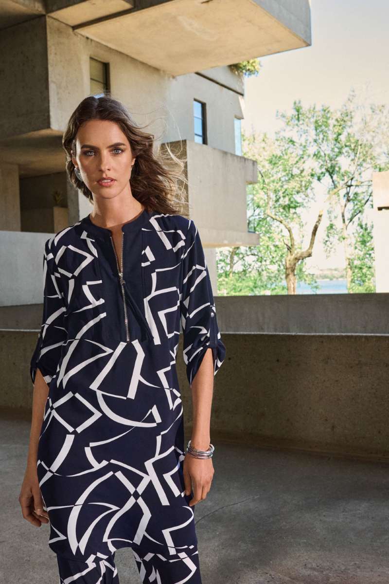 Woven Geometric Print Straight Dress in Midnight Blue/Vanilla 251143 by Joseph Ribkoff