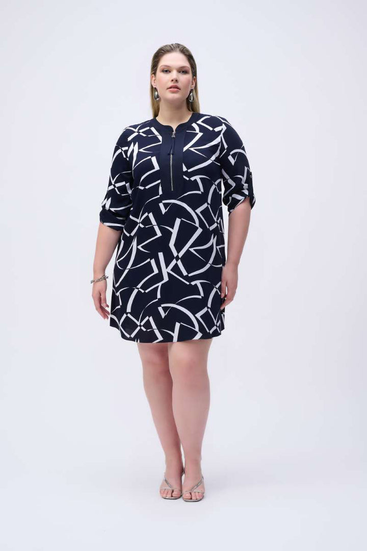 Woven Geometric Print Straight Dress in Midnight Blue/Vanilla 251143 by Joseph Ribkoff in 10 / Vanilla Midnight Blue