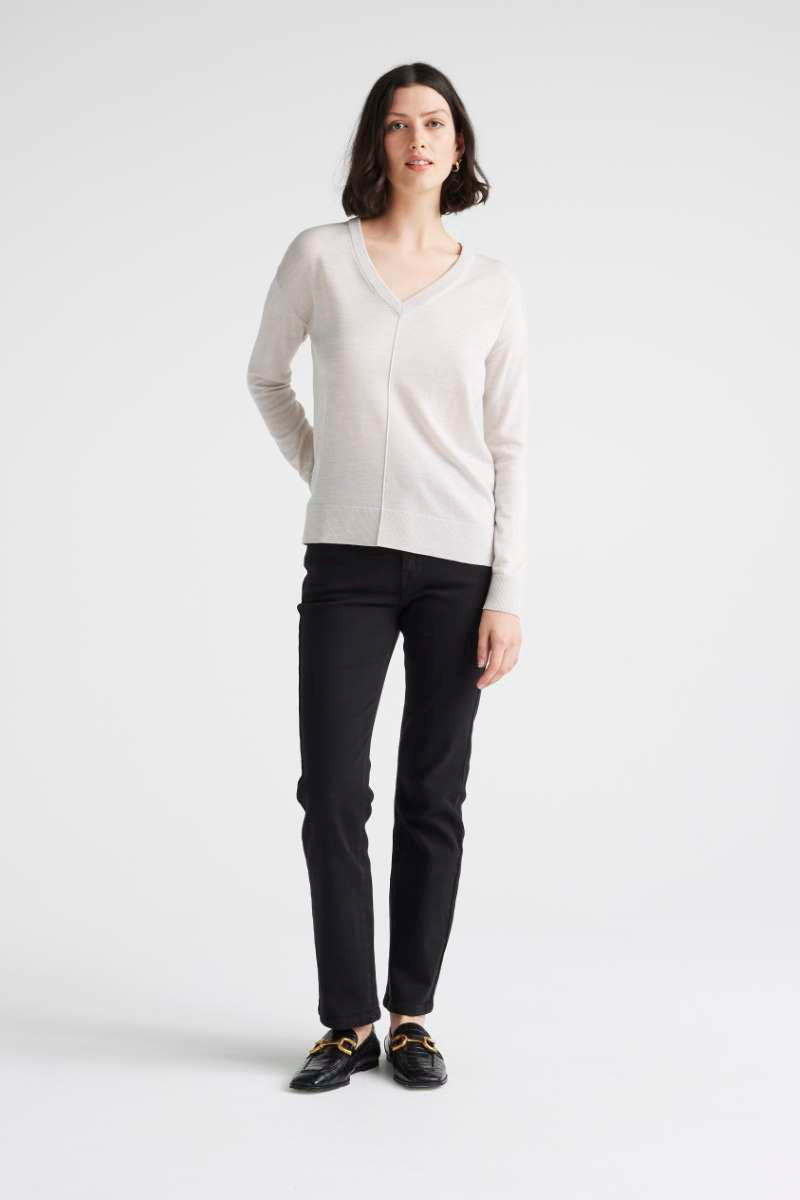 Pin Stitch V-Neck Merino Jumper in Linen Colour 5108-LIN by Toorallie