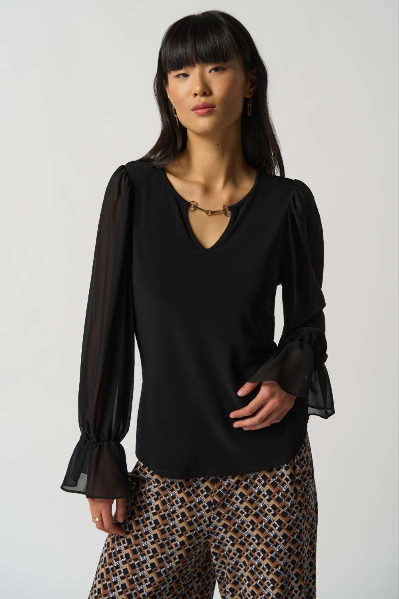 Ruffle Sleeve Top in Black 233111 by Joseph Ribkoff
