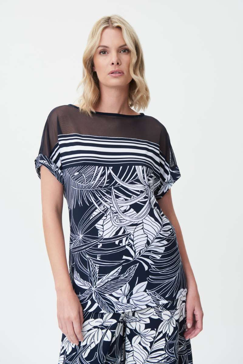 Tropical Print and Striped Top in Midnight Blue/Vanilla 232048 by Joseph Ribkoff