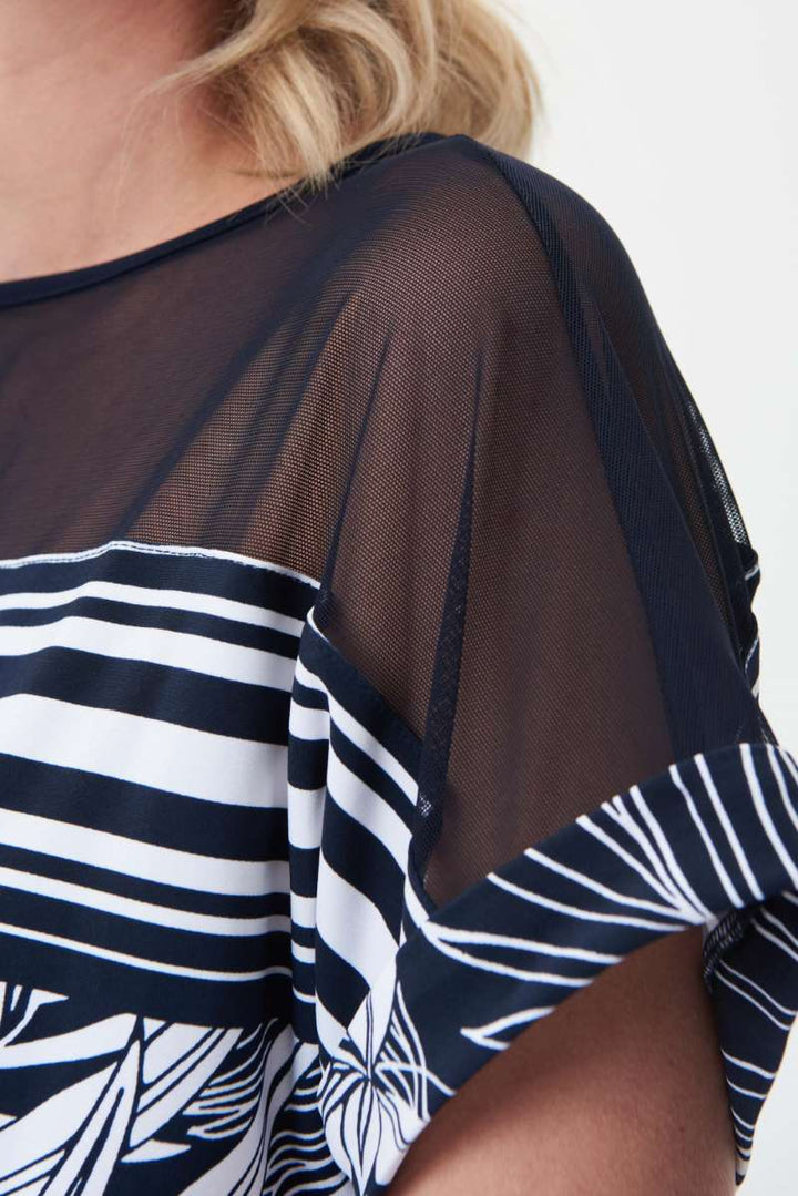 Tropical Print and Striped Top in Midnight Blue/Vanilla 232048 by Joseph Ribkoff in 2 / Midnight Blue/Vanilla