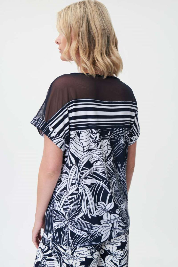 Tropical Print and Striped Top in Midnight Blue/Vanilla 232048 by Joseph Ribkoff in 2 / Midnight Blue/Vanilla