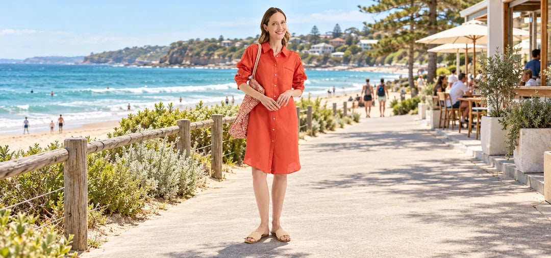 Woman wearing linen shirtmaker dress by Yarra Trail 