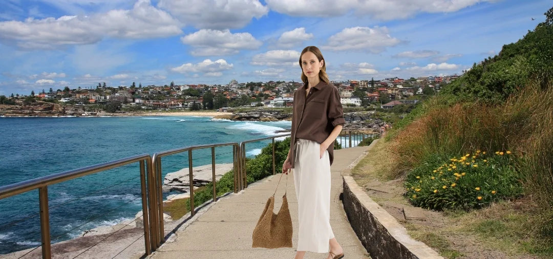 Woman dressed in Yarra Trail Tirari Shirt  in Espresso and Tirari  Palazzo Pants in  Twine