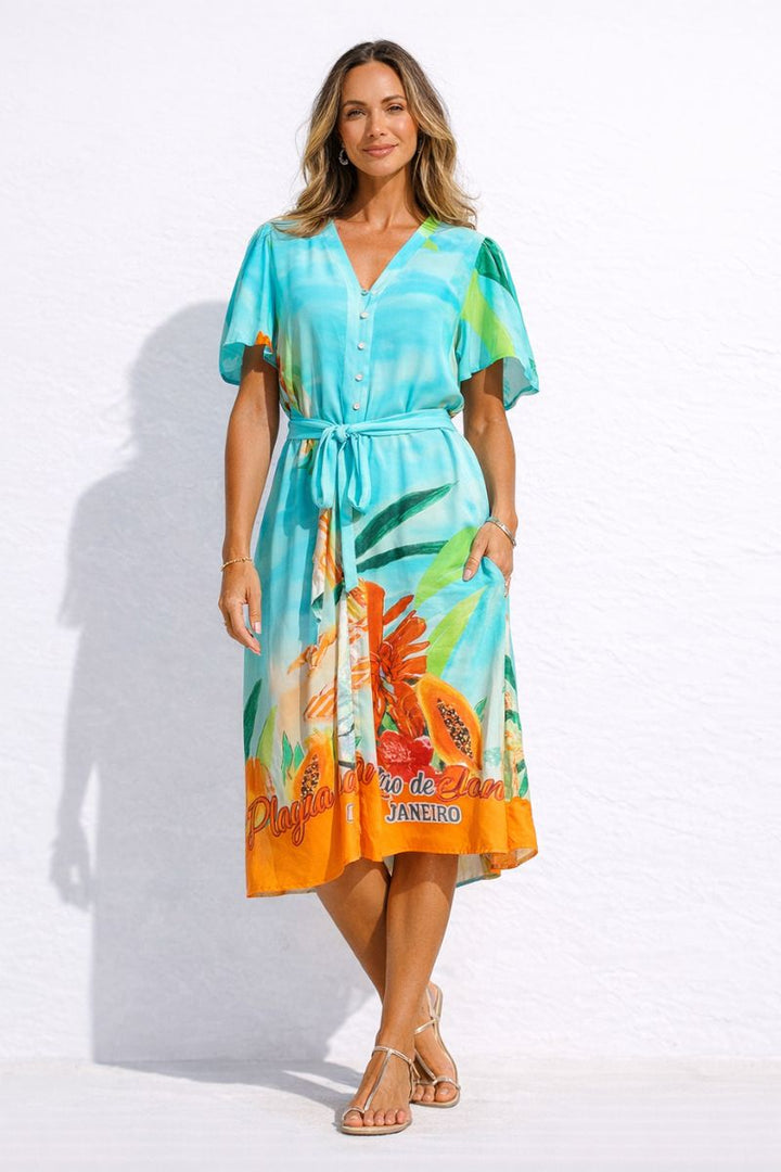 Fruit Print Maxi Dress in Aqua Blue by Joop & Gypsy in 8 / Multicolor