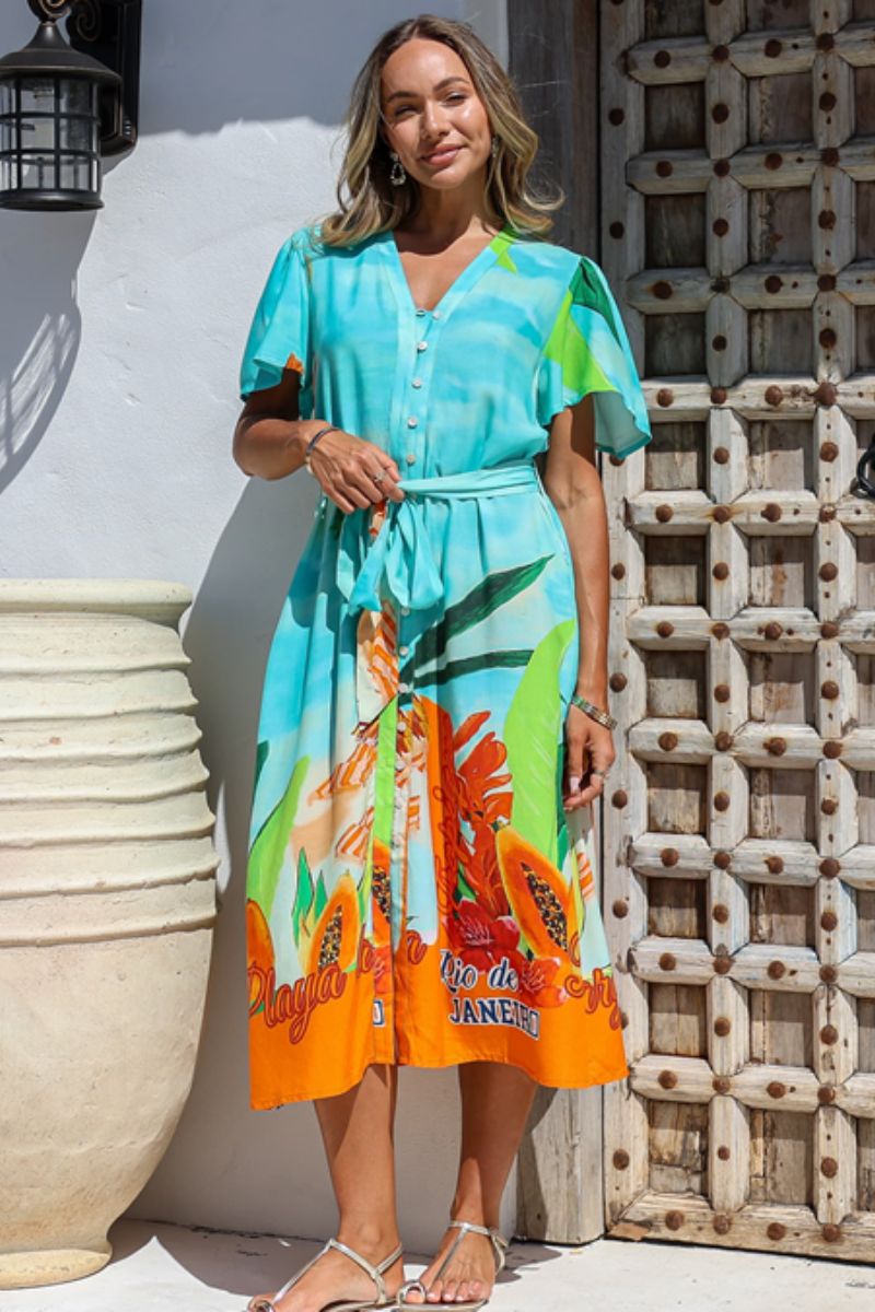 Woman wearing Joop & Gypsy 100031 Fruit Print Maxi Dress Aqua Blue front view