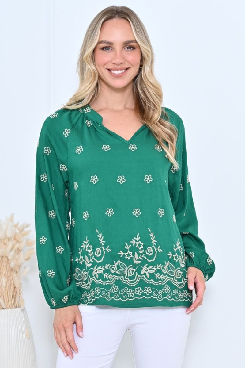 Shelley Blouse with embroidery and v neck Green