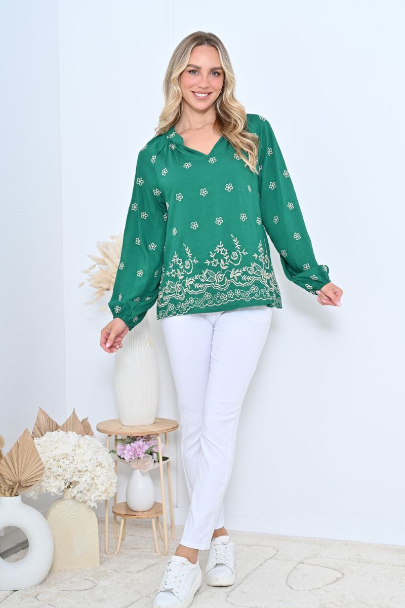 Shelley Blouse with embroidery and v neck Green