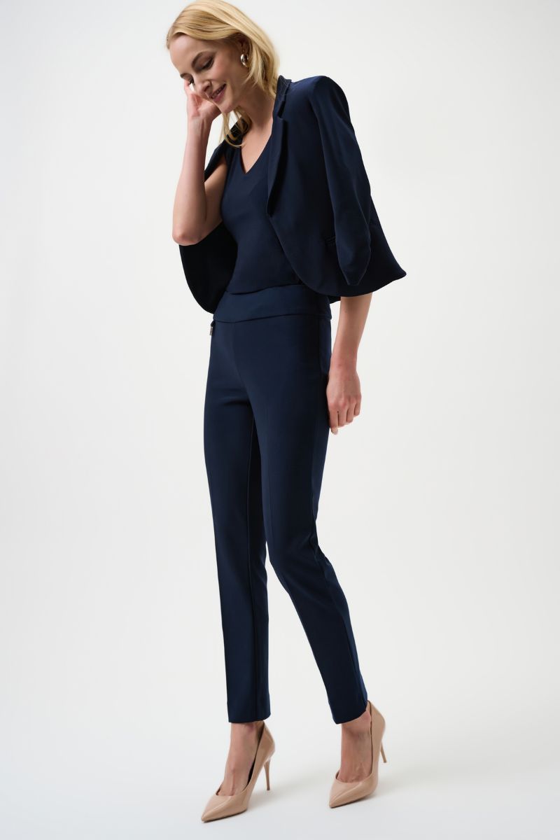Woman wearing Joseph Ribkoff 144092 midnight blue stretch pant styled casually