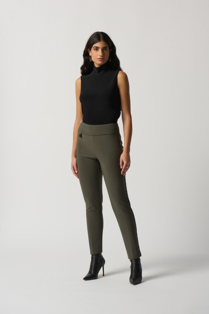 144092 tailored slim fit pant in avocado the wonder pant front view with model wearing a black sleevless top