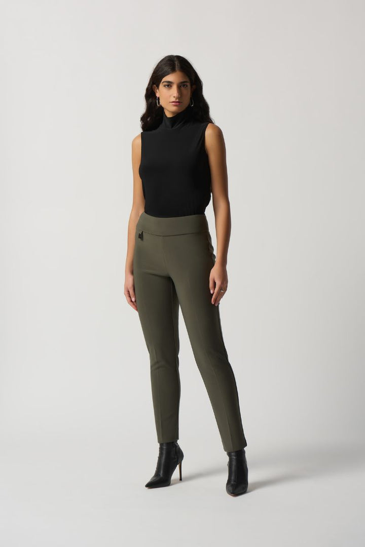 144092 tailored slim fit pant in avocado the wonder pant front view with model wearing a black sleevless top