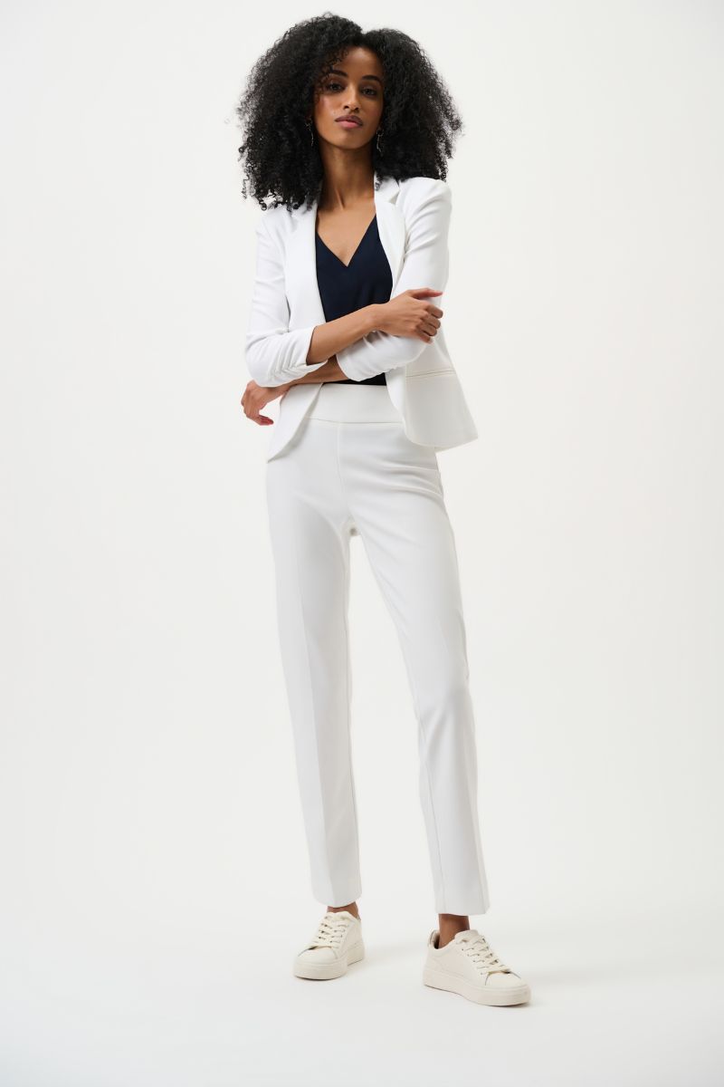 Woman wearing Joseph Ribkoff 144092 white stretch pant styled casually