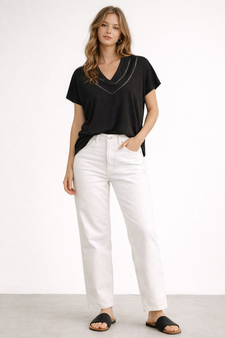 V-Neck T-Shirt with Cut-Out Detail in Black by Mos Mosh in XS / Black