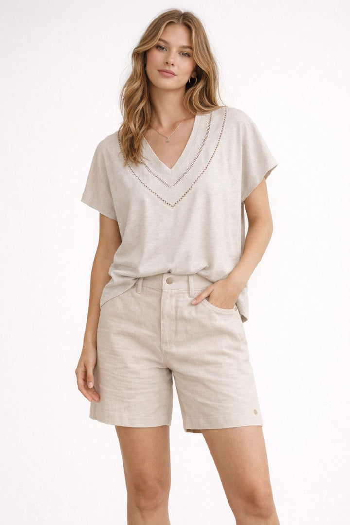 V-Neck T-Shirt with Cut-Out Detail in Cement Ecru by Mos Mosh in XS / Ecru