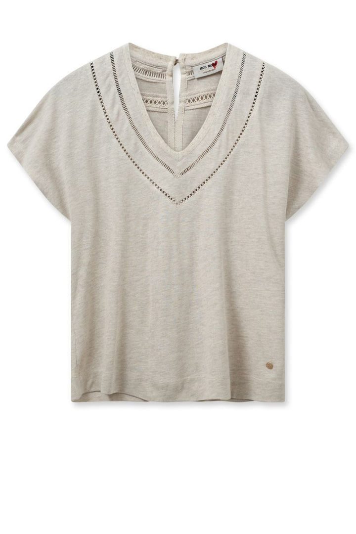 V-Neck T-Shirt with Cut-Out Detail in Cement Ecru by Mos Mosh in XS / Ecru