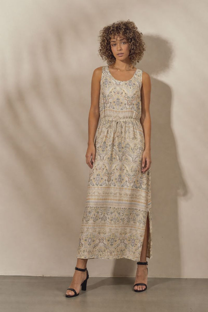 Lula Mimi Sleeveless Dress in Goldfinch print with Tie Belt by Mos Mosh in Cream / S