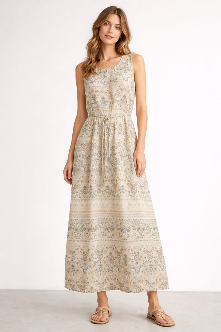 Lula Mimi Sleeveless Dress in Goldfinch print with Tie Belt by Mos Mosh in Cream / S